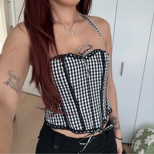 Black & White Gingham Halter Corset Top - Women